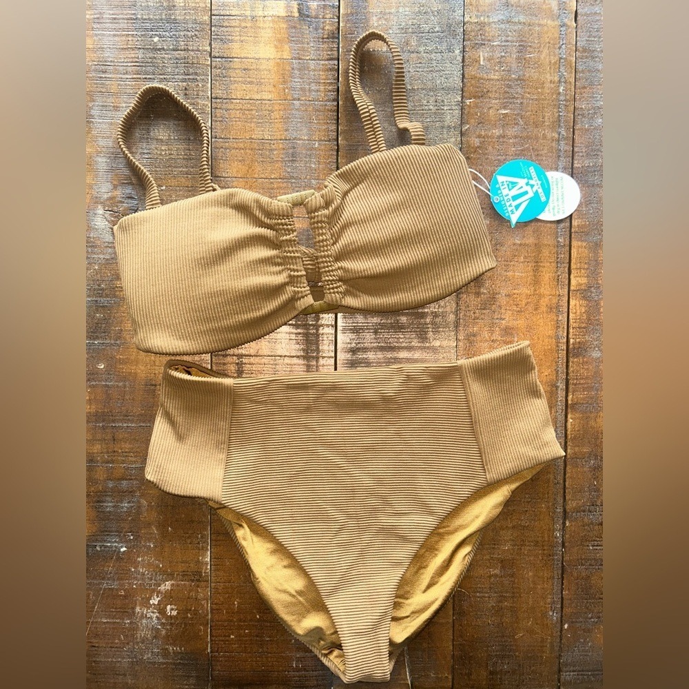 WET LA Bronze Ribbed Bandeau High Waist Bikini Swimsuit L/XL NWT